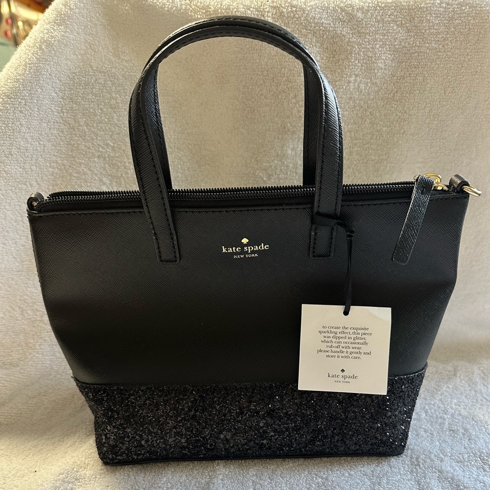 New Authentic Kate Spade ina Greta court black satchel glitter small hand bag - Picture 3 of 12